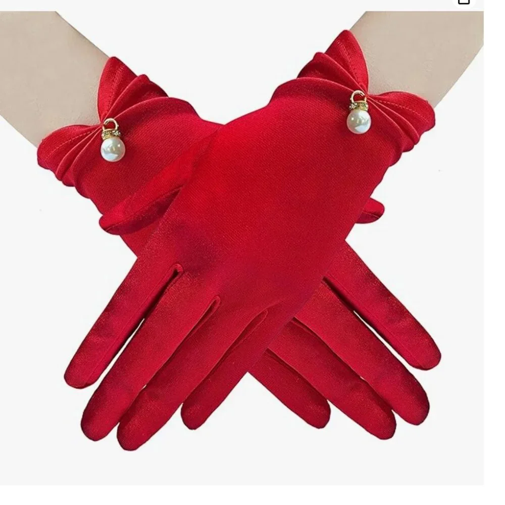 Elegant Red Velvet Gloves Pearls Tea Church Formal Red Tie Derby